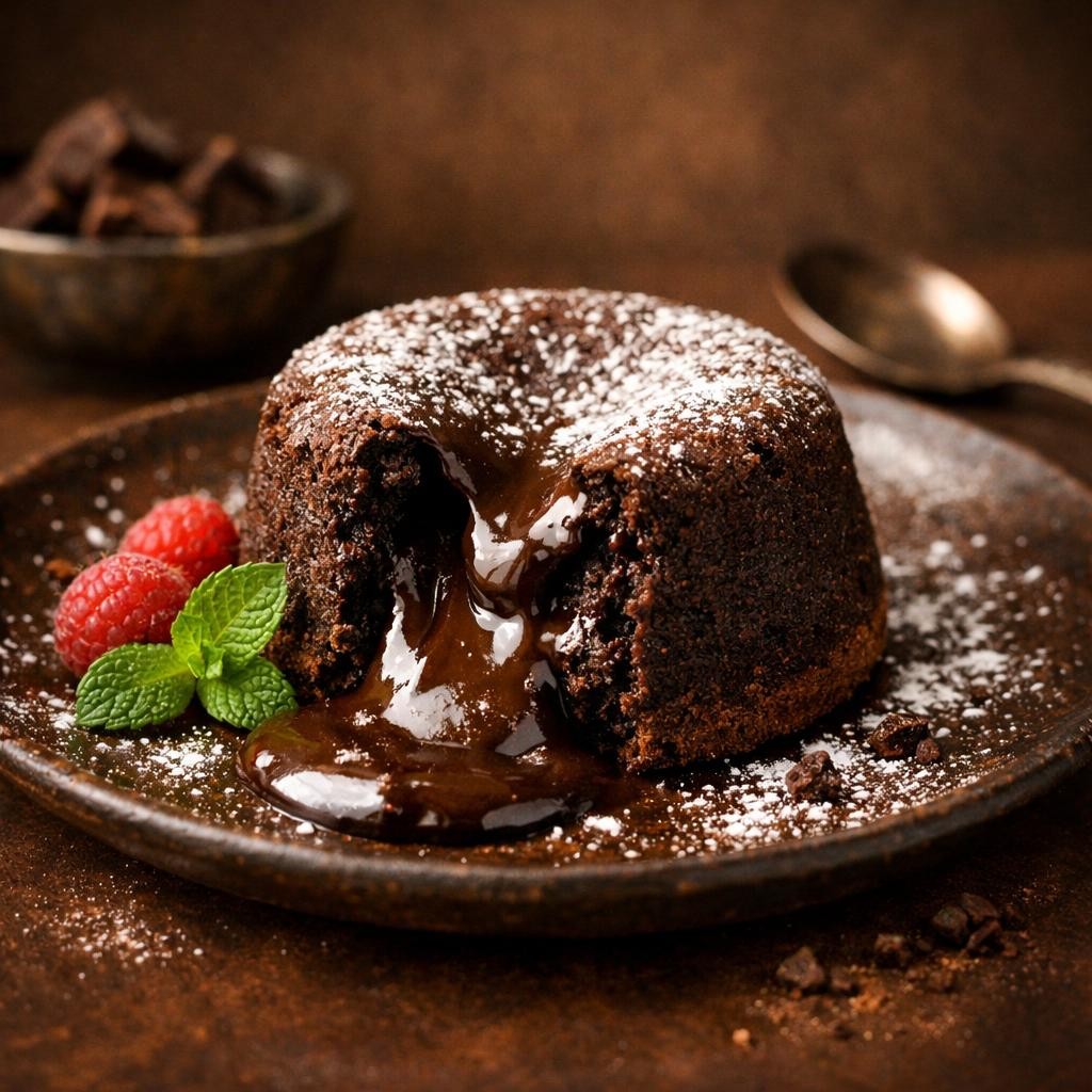 Chocolate lava cake with molten center, powdered sugar, raspberries, and mint on a dark plate