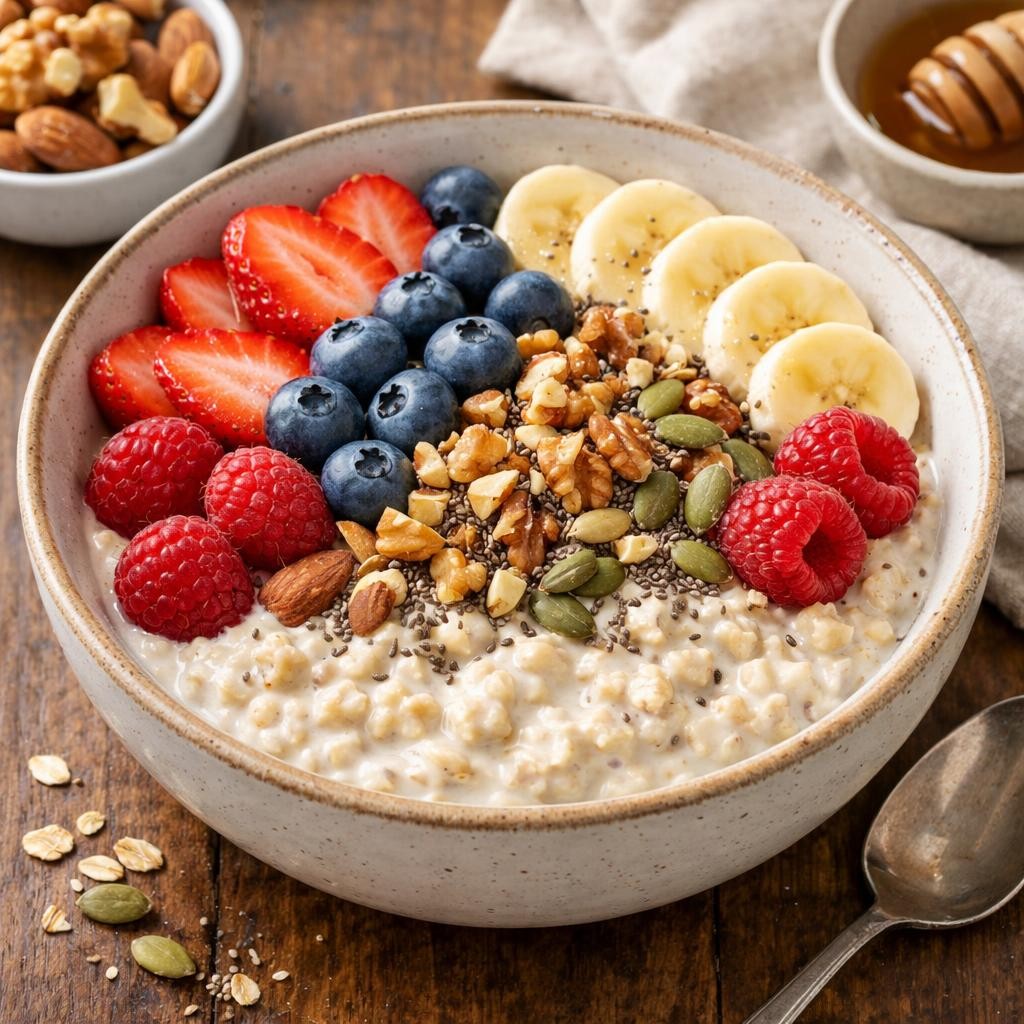 Oatmeal topped with strawberries, blueberries, banana slices, raspberries, walnuts, almonds, pumpkin seeds, and chia seeds