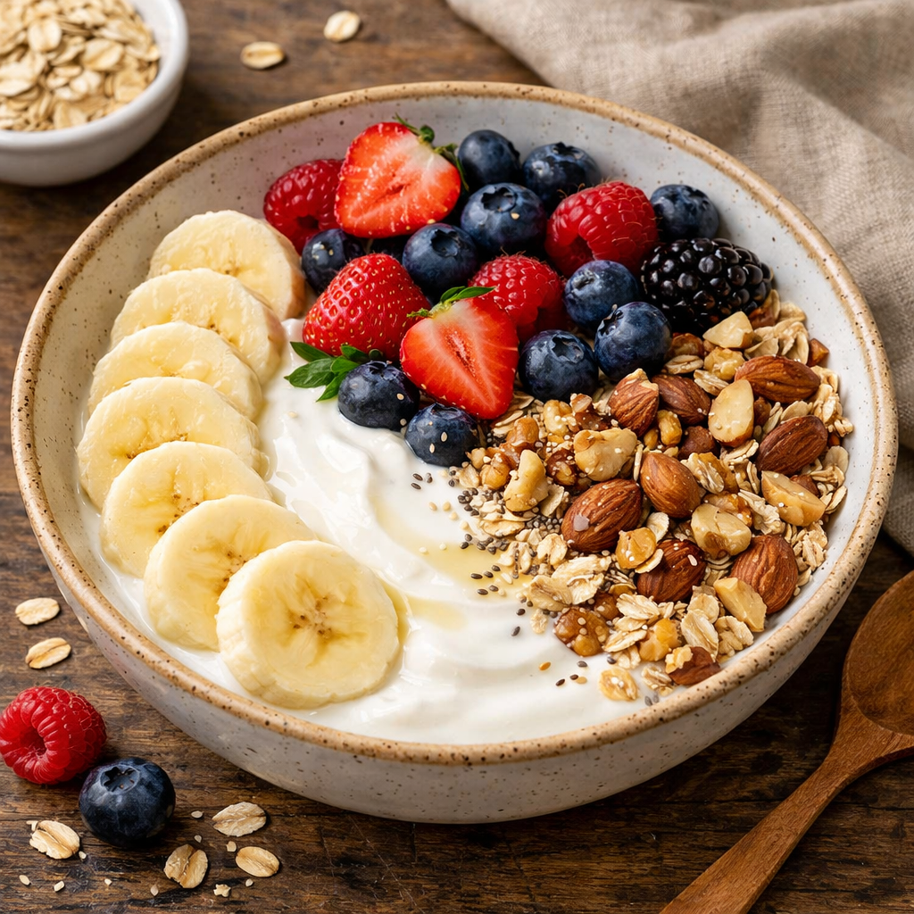 Yogurt bowl with sliced banana, strawberries, blueberries, raspberries, blackberries, almonds, walnuts, oats, and chia seeds