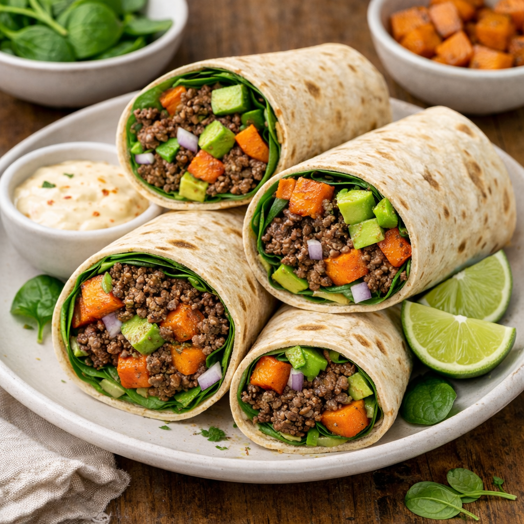 Four wraps filled with tempeh, spinach, avocado, sweet potatoes, and red onions with lime wedges and creamy sauce